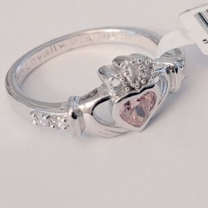 925Silver Ring Irish Pink cz Birthstone Claddagh Size 8 UK-P Shan Ore